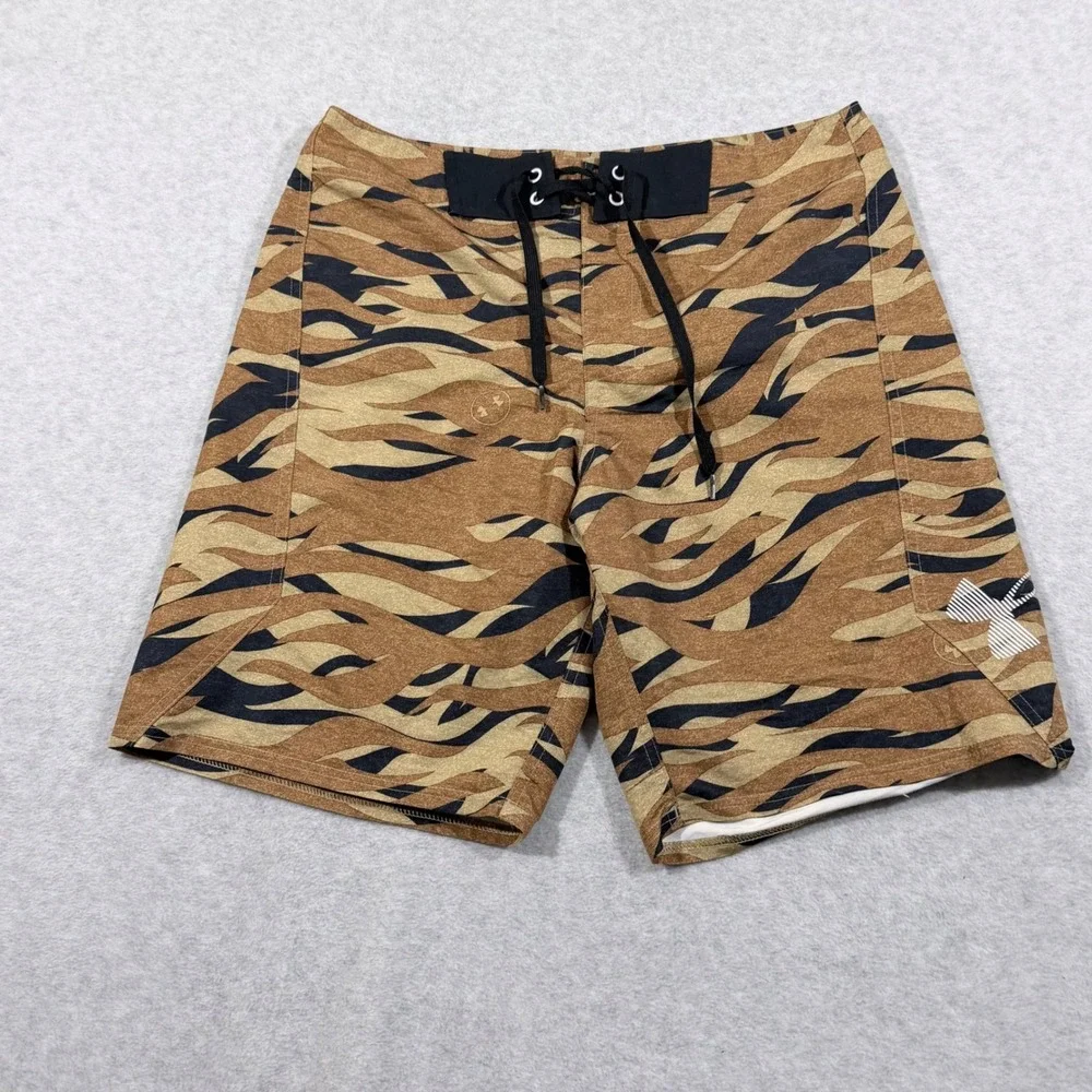 Under Armour Board Shorts‎ Mens 34 Brown Tiger Camo Excellent HeatGear Loose Fit